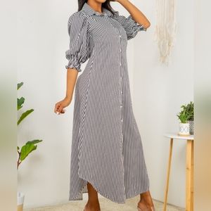 Long strip black and white comfortable collar, button down dress